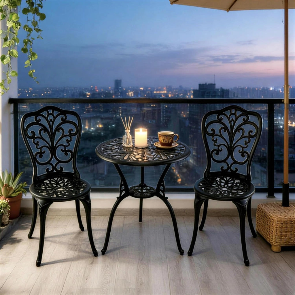 Soggiorno da giardino a 2 posti, tavolo da esterno e 2 sedie con schienale in alluminio pressofuso, foro per ombrellone, stile vintage, mobili da giardino 3 pezzi per terrazza, balcone, patio
