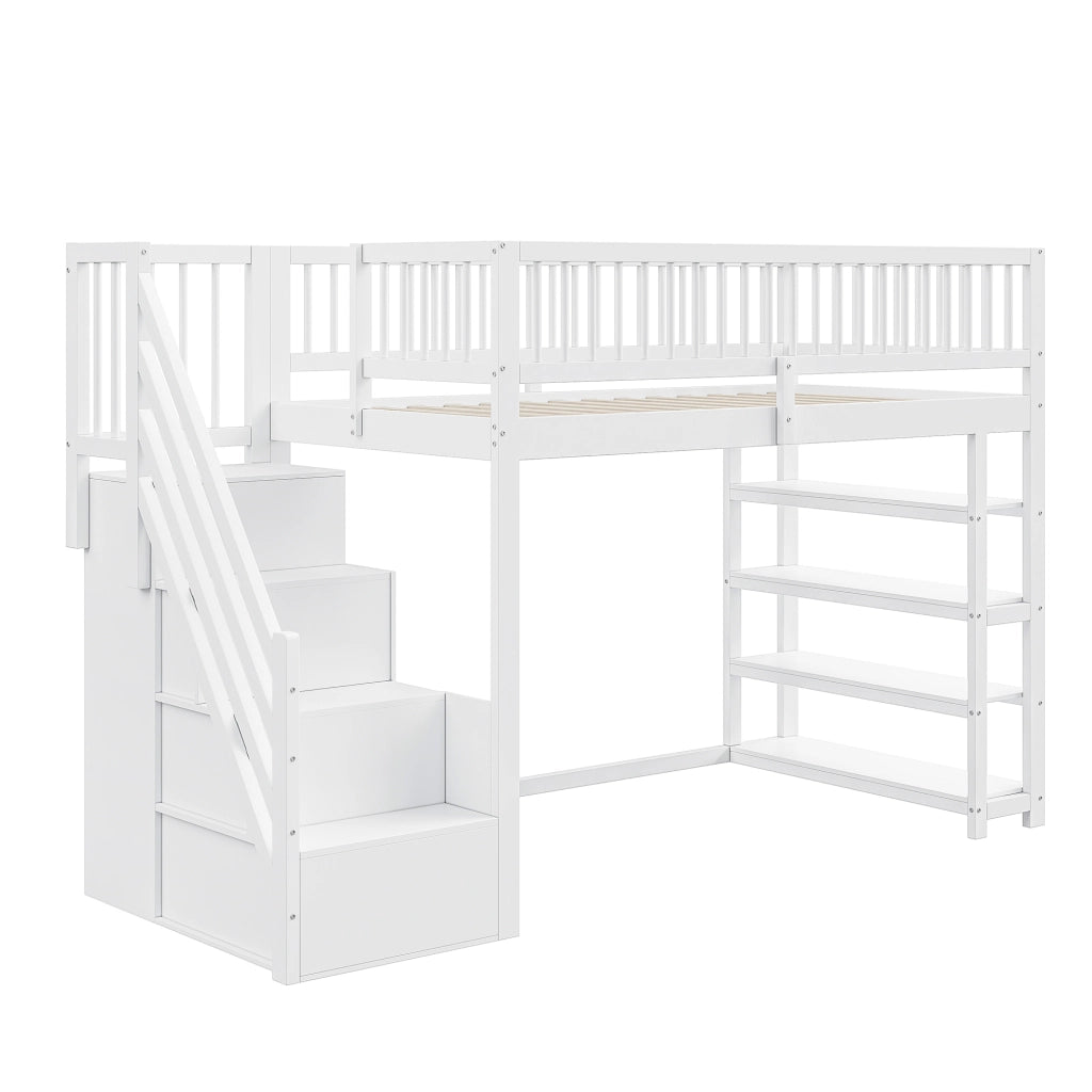 Letto a soppalco 90x200 cm in legno massello; bianco; con guardaroba; ripiani e scala di sicurezza