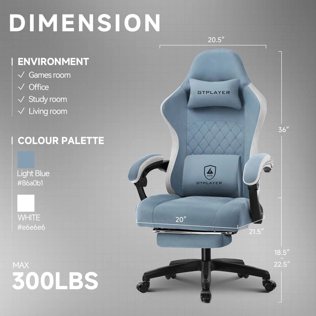Sedia da gaming, ergonomica, da scrivania, con superficie in tessuto, cuscino a molla, braccioli di collegamento e poggiapiedi, Azzurro