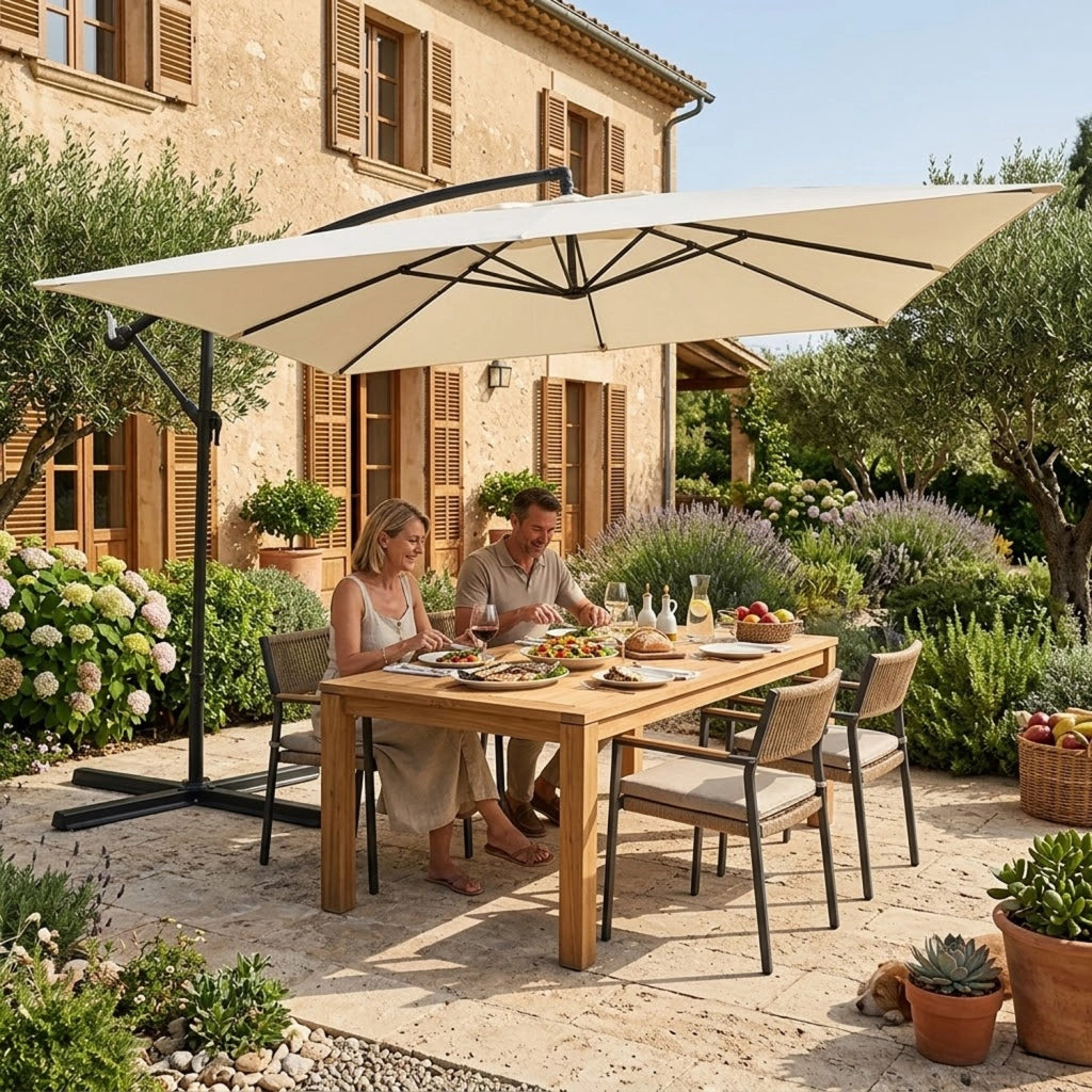 Ombrellone Decentrato Con Braccio Laterale Apertura A Manovella Telo Impermeabile UV30+ Camino Ventilazione Da Esterno 3 x 3 x 2.5 M Beige