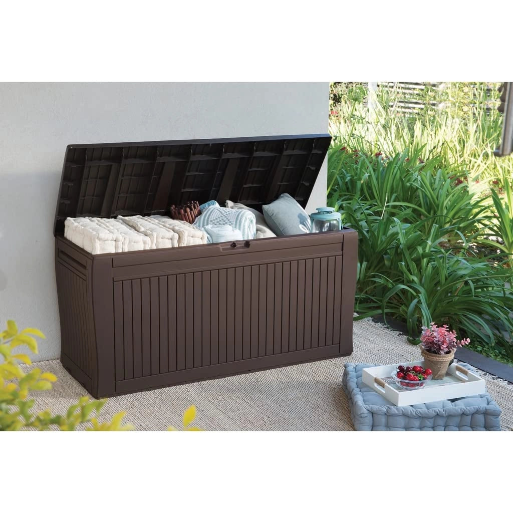 Baule da Esterno in Resina con Ruote e Maniglie Colore Marrone 117X45X57 Cm
