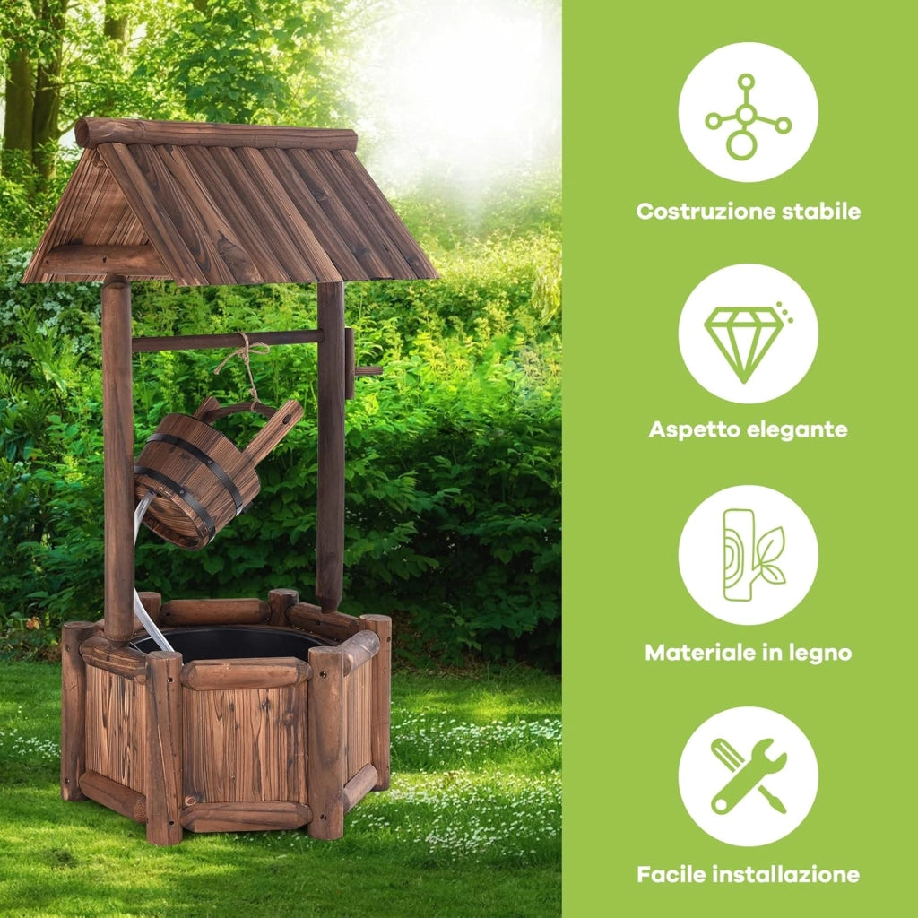 Pozzo da Giardino, Pozzo Decorativo con Pompa Elettrica, in Legno d'Abete, 58,5 x 51 x 117 cm, Marrone (Modello 2)