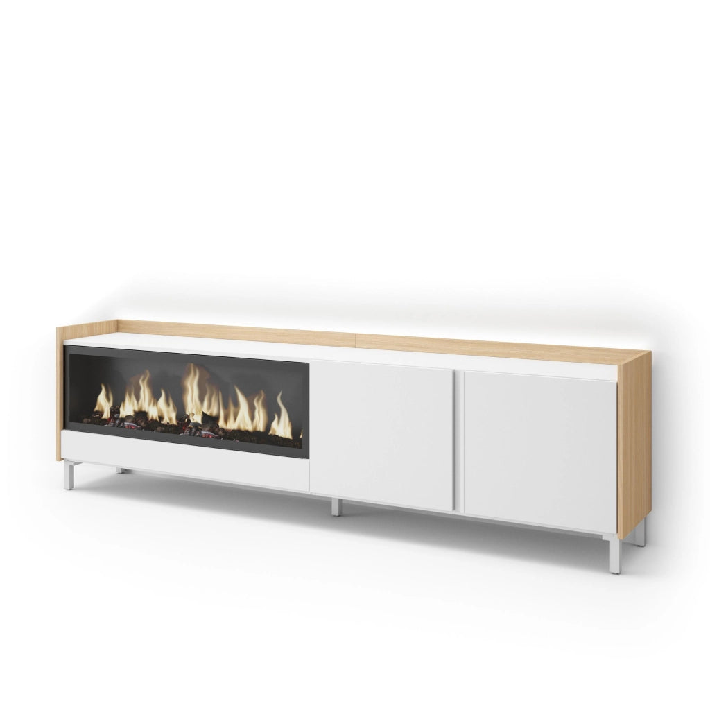 Mobile TV Soggiorno, 212x61x35 cm, Per TV fino a 80", Camino elettrico XXL, Design industriale, LED, Bianco e Rovere soft