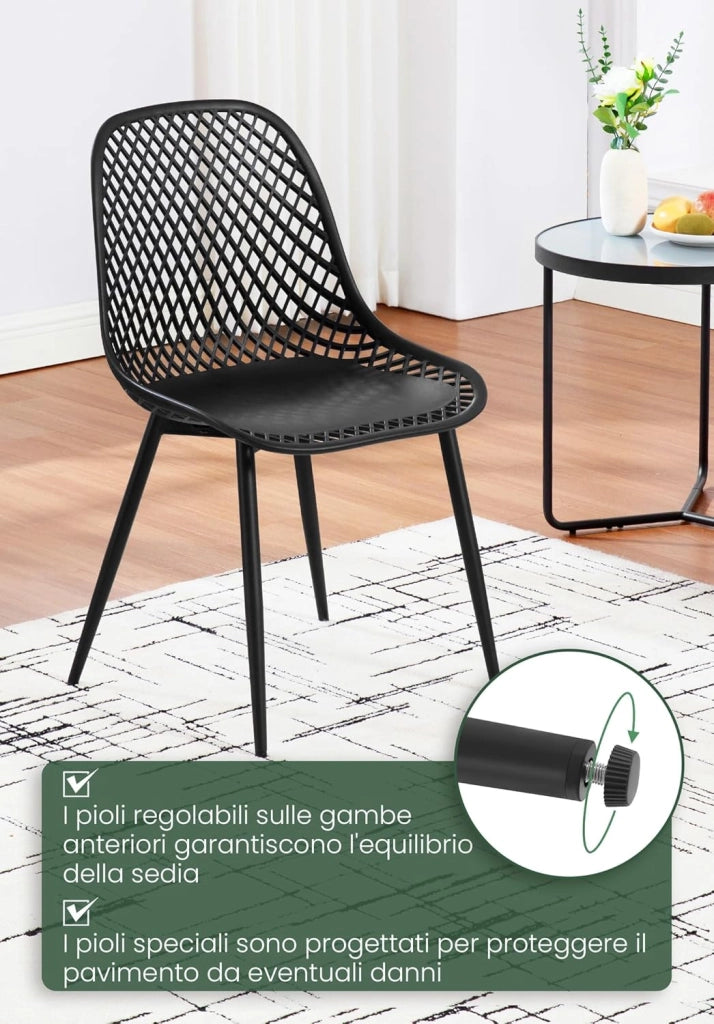 Confezione da 4 Sedie da Pranzo Sedie da Cucina con Gambe in Metallo Schienale Curvo con Design Ritagliato Seduta in PP di Alta Qualità, Sedie da Salotto e da Camera da Letto, Nero K0023EZS-4