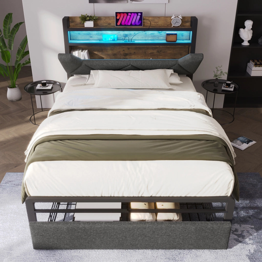 Letto contenitore 90x200 cm con testiera portaoggetti; USB-C; LED; cassetti; lino grigio