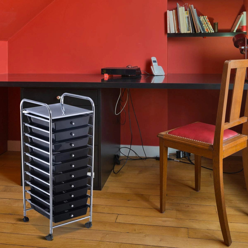 Carrello con 10 Cassetti da Stoccaggio Contenitore Multiuso con Ruote a Freno, per Casa e Ufficio, di Metallo e Plastica