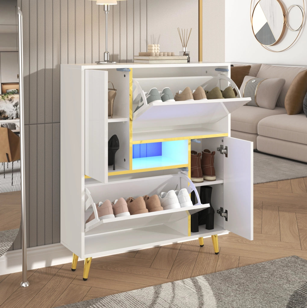 Mobile portascarpe bianco 80x25x96 cm con frontale lucido; LED 16 colori e ripiani regolabili