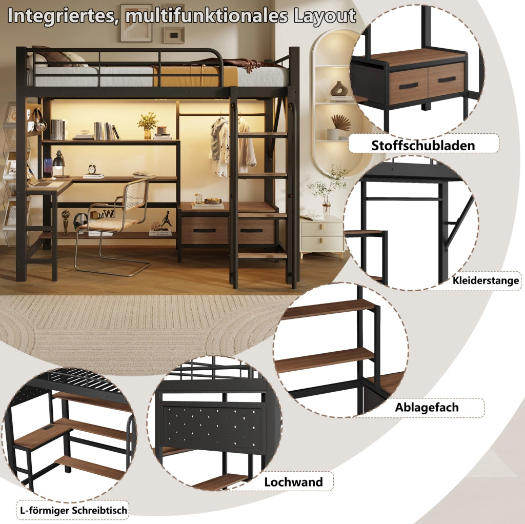 Letto a soppalco nero 90 x 200 cm con scrivania, LED e USB