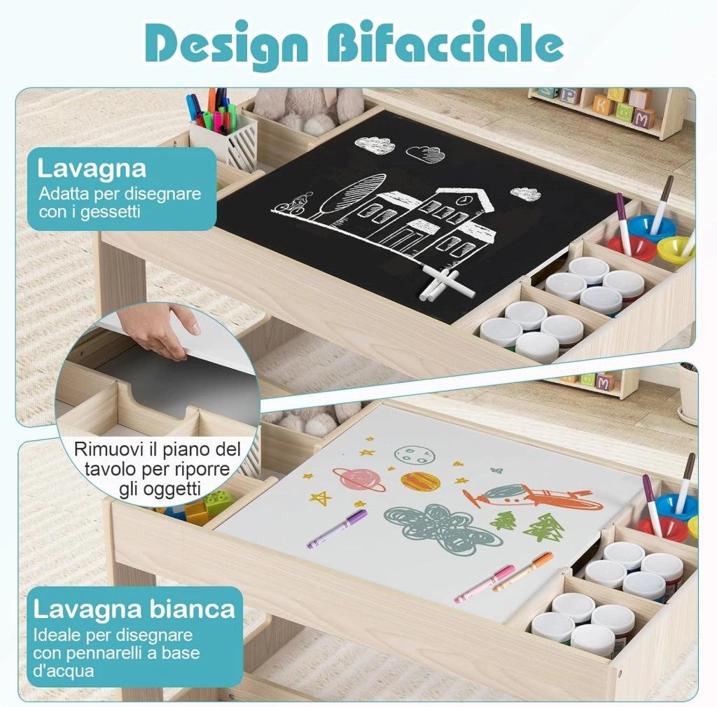 Set Tavolo Multifunzionale per Bambini e 2 Sedie, Tavolo e Sedie in Legno con Piano Doppio Rimovibile, Lavagna Nera & Lavagna Bianca, Compartimenti Laterali con Divisori Staccabili (Naturale)