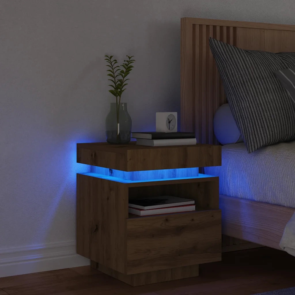 Comodino con Luci LED Rovere Artigianale 40x39x48,5 cm