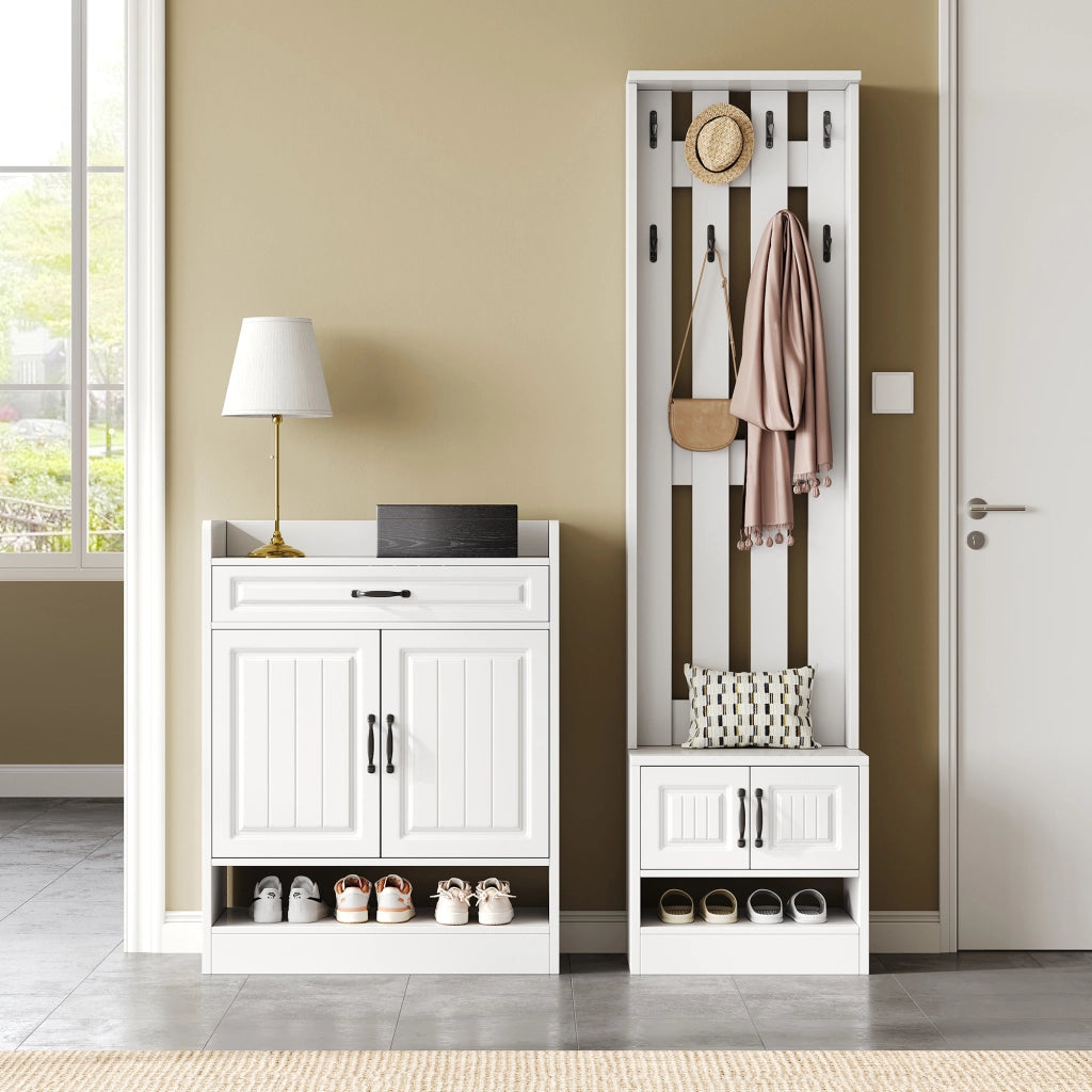 Mobile ingresso con 4 Ante; 1 Cassetto e 8 Ganci; con Panca Scarpiera; Stile Moderno; in Pannelli; Bianco; 125??36??190 cm