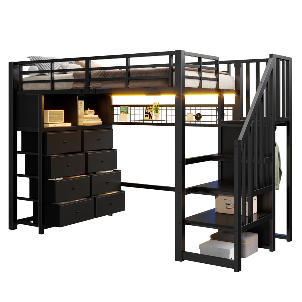 Letto a soppalco 90x200 cm con 8 cassetti, LED e scala con armadio nero