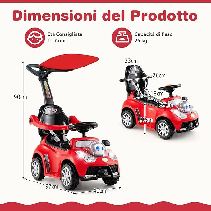 3 in 1 Auto a Spinta, Macchinina da Passeggio con Clacson, Musica, Luci, Cintura di Sicurezza, Tettuccio e Manico, Macchina Cavalcabile per Bambini 1+ Anni (Rosso)