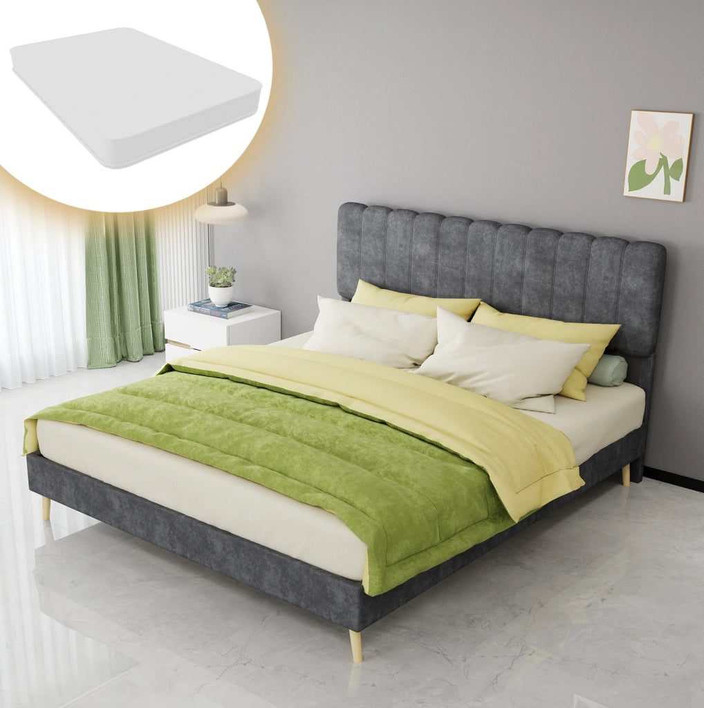 Letto imbottito 160x200 cm in tessuto e metallo; grigio; con materasso incluso