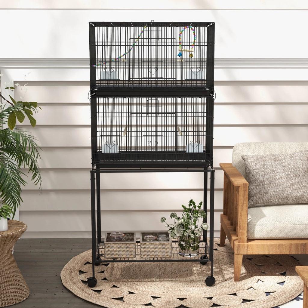 Doppia Voliera 2 Gabbie per Uccelli Impilati 77x46x164 cm in Acciaio con Ruote Nero