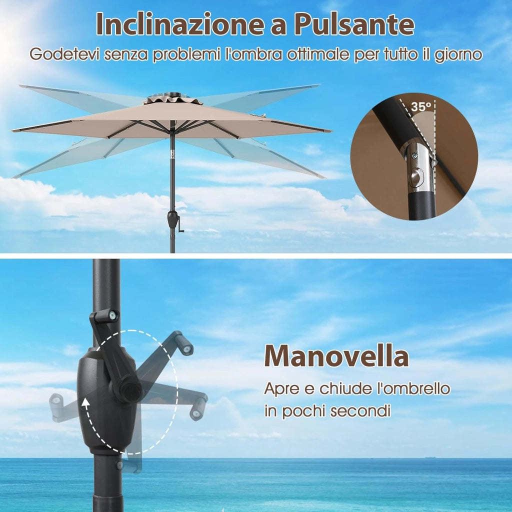Ombrellone da Giardino 230 cm, Ombrello per Esterni con inclinazione Regolabile, 18 Luci LED, Manovella e Tettuccio Ventilato, Ombrello per Giardino, Cortile, Piscina (Marrone)