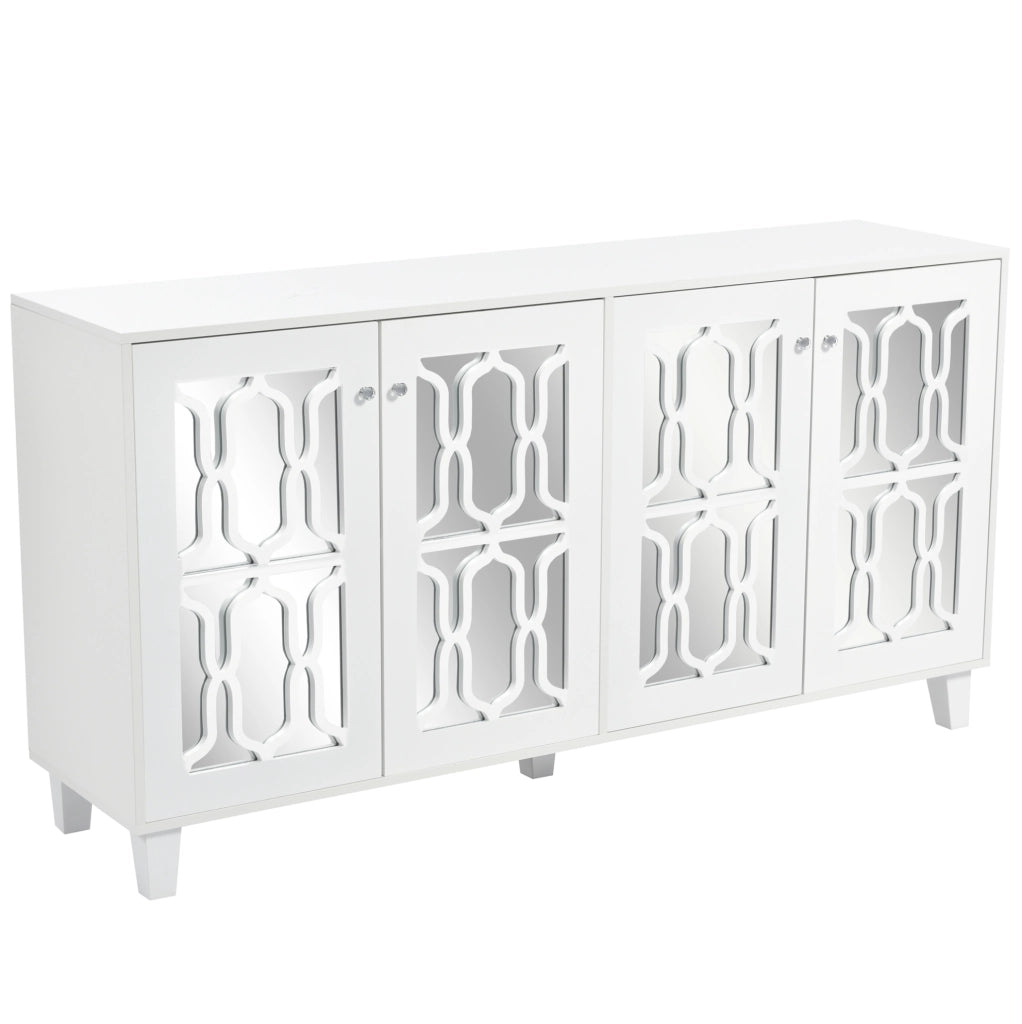 Credenza 160x40x84 cm con 4 ante; superficie specchiata; MDF bianco