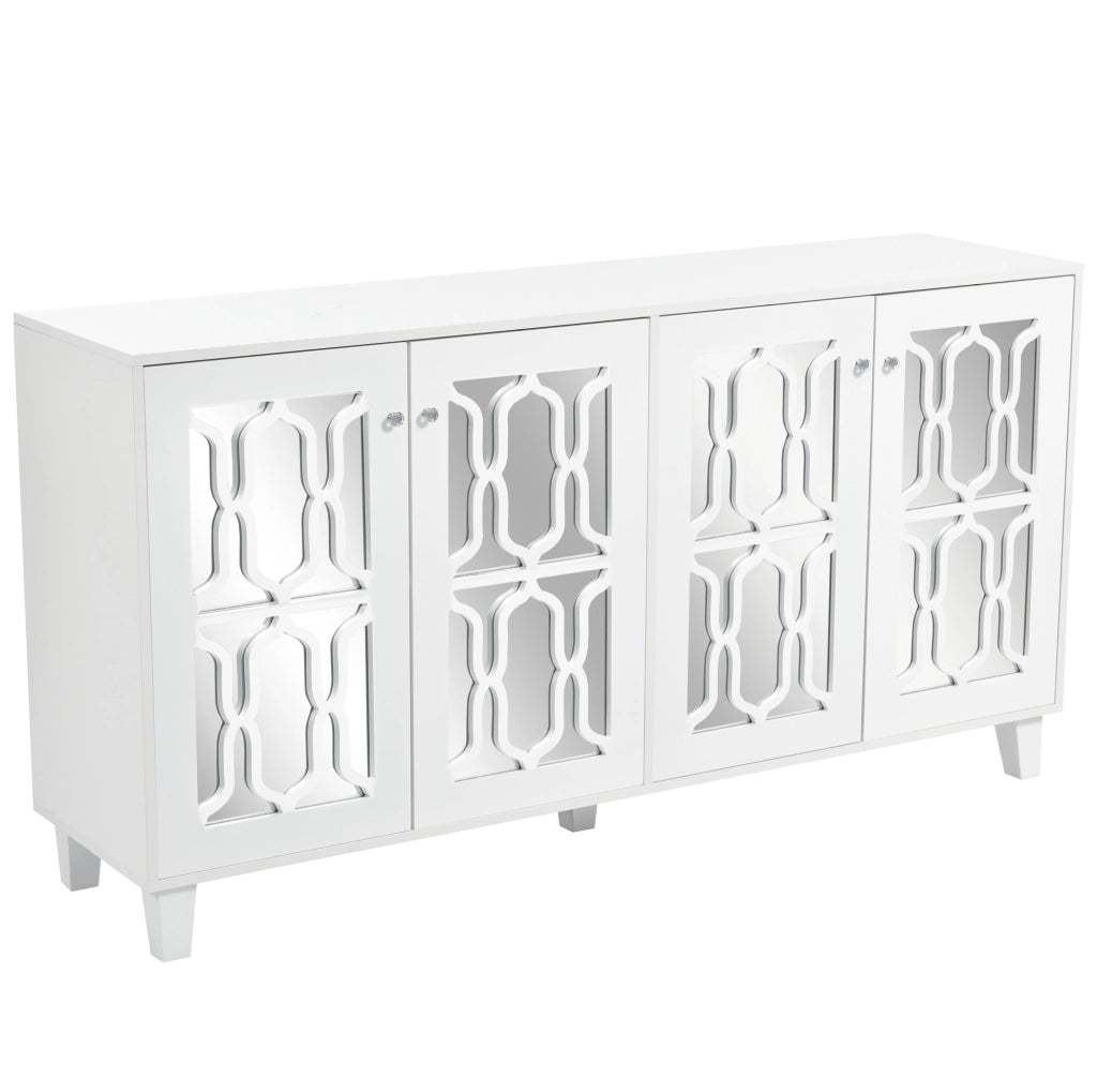 Credenza 160x40x84 cm con 4 ante; superficie specchiata; MDF bianco