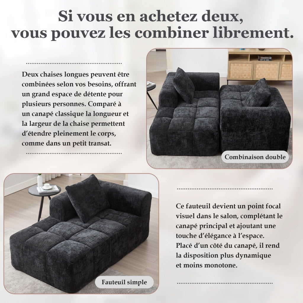Méridienne Chaise Longue 1 Posto con Cuscino e Tasche Laterali Comfort Nuvola Senza Montaggio in Ciniglia Nero