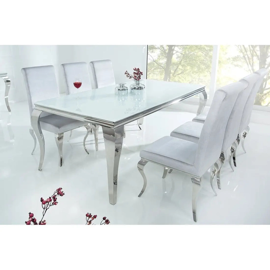 Tavolo da pranzo VELENA – Acciaio argentato e vetro opalino – 200 cm – Stile barocco moderno