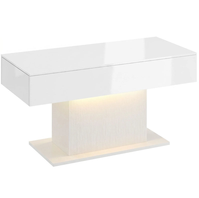 Tavolino da caffè con LED RGB e 2 cassetti, bianco lucido