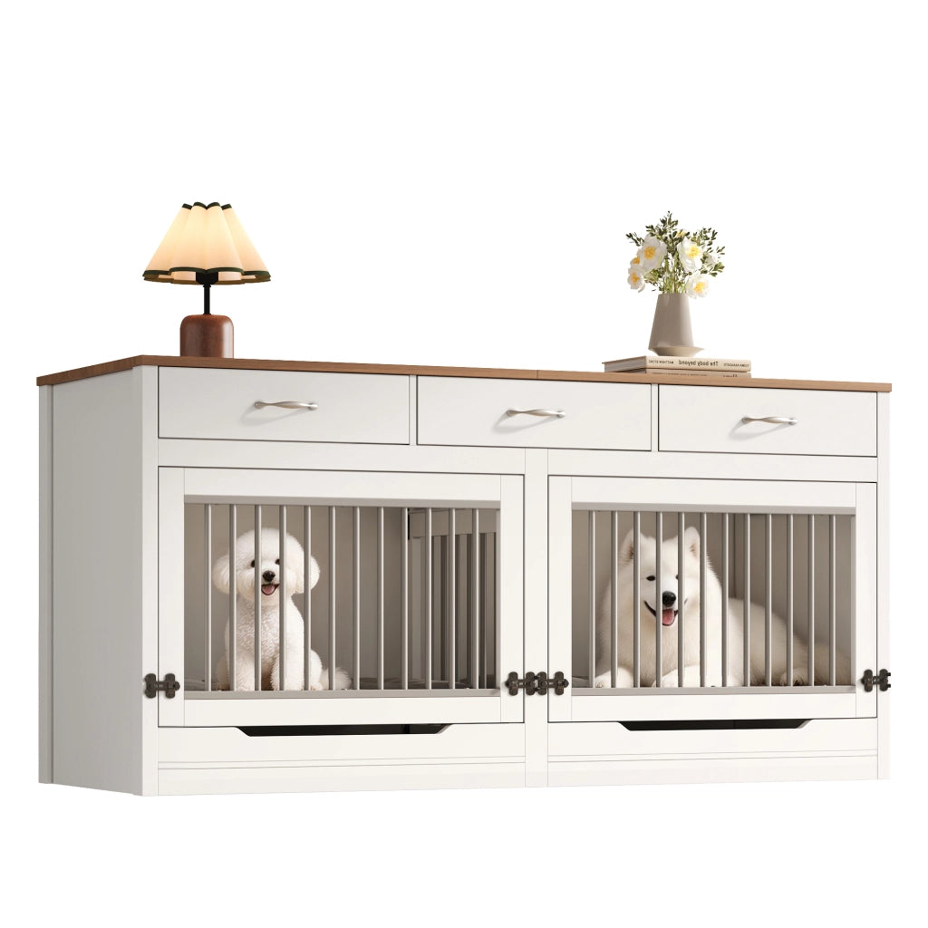 Cassa per cani in legno e metallo con 3 cassetti, porta ribaltabile e divisorio removibile, 164×60×81 cm