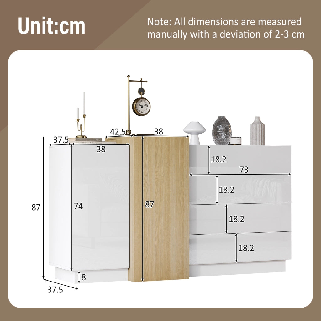 Credenza con 2 ante e 4 cassetti; apertura push - per soggiorno - 140×35×76.5 cm - bianco