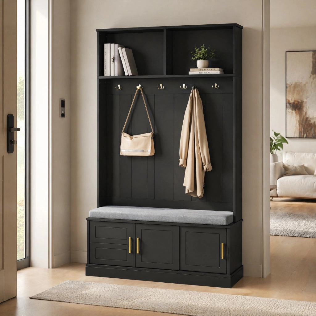 Appendiabiti da ingresso con panca e scarpiera, nero, 120×40×191 cm