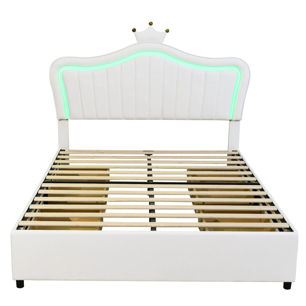 DESMIU Letto per bambini 140 × 200 cm 2 posti con 4 cassetti, luce LED e schienale regolabile, senza materasso, bianco