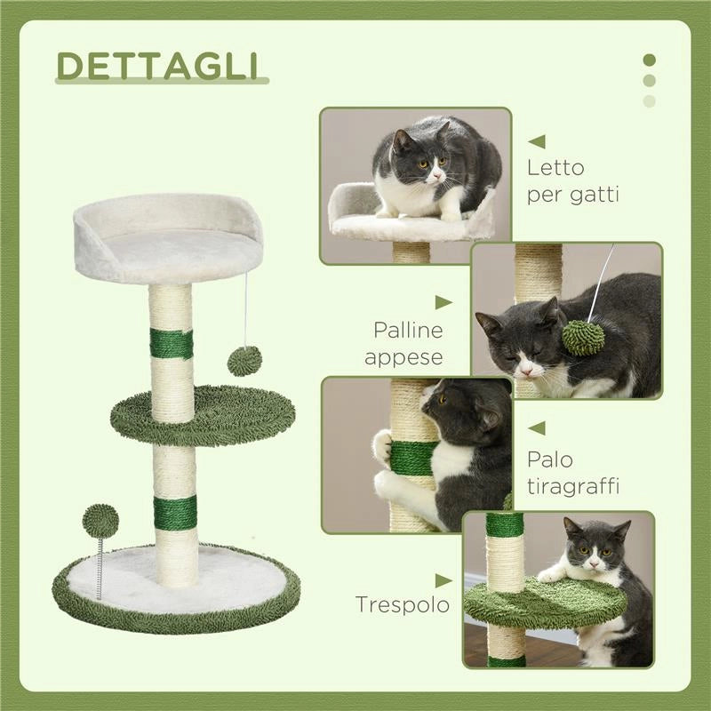 ALBERO TIRAGRAFFI CON LETTINO PER GATTI, 2 PALLINE, PIATTAFORMA E PALO IN SISAL, VERDE E BIANCO