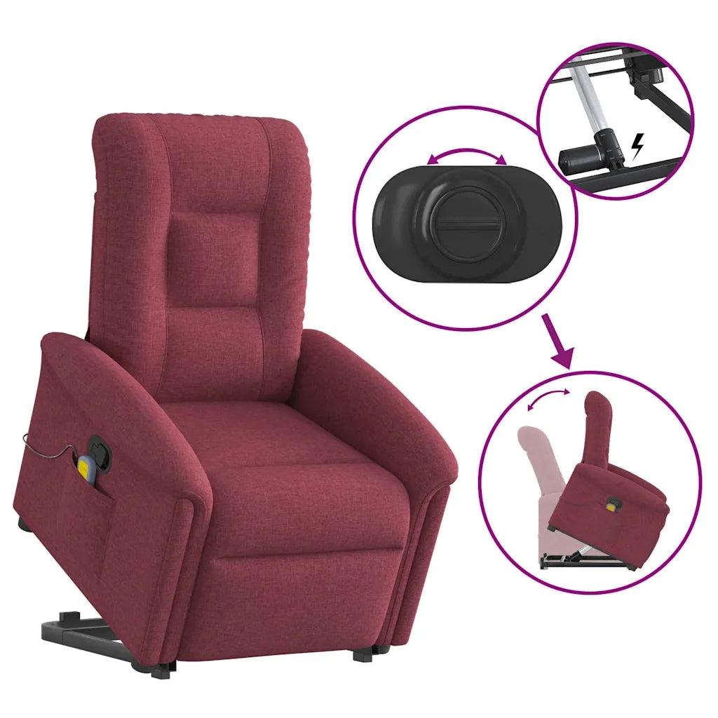 vidaXL Poltrona Alzapersona Massaggio Reclinabile Rosso Vino Tessuto