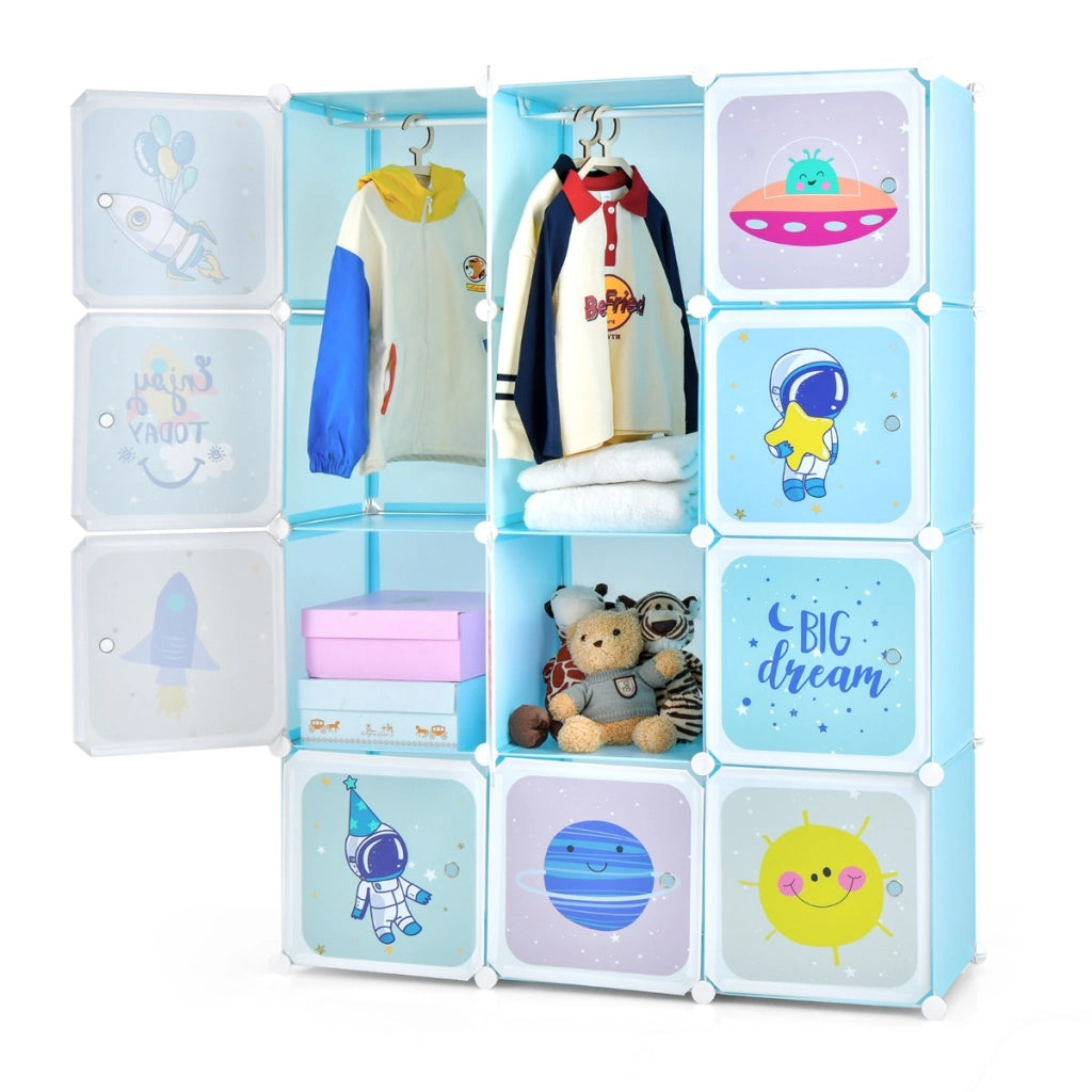 Armadio a 12 cubi per bambini con 2 barre appendiabiti motivi adorabili, Armadio per cameretta 109x37x145cm Azzurro-Armadi Appendiabiti