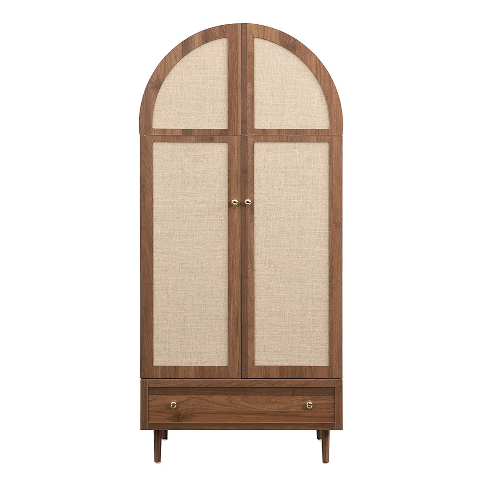 Armadio elegante con ante in tessuto e cassetto - Xylo - Aspetto noce, gambe in legno stabile, spazio pratico per abiti e accessori