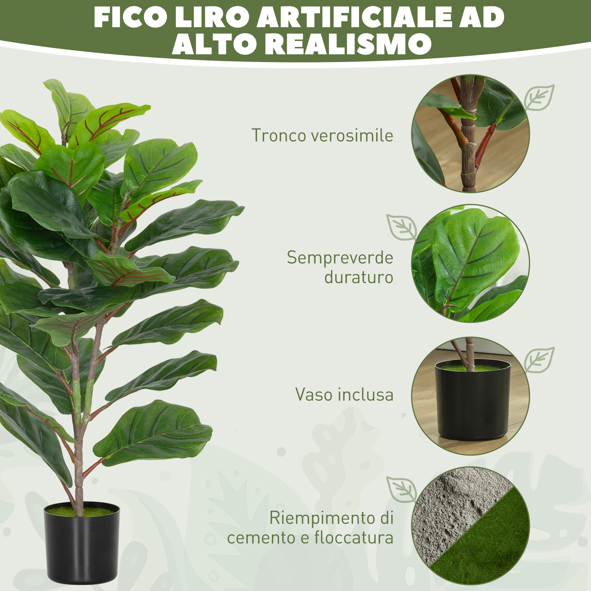 Pianta Artificiale Ficus Lyrata Alta 80 cm per Interni con Vaso in PEVA Verde