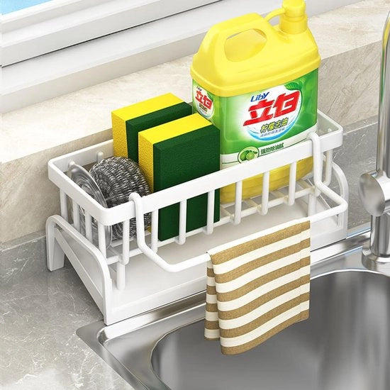 Organizzatore del lavandino, supporto per la cucina in acciaio inossidabile con contenitore per asciugamani, organizzatore del lavandino con cassetta per residui, per accessori da cucina, spugna, spazzola, detersivo per i piatti, bagno (Bianco)