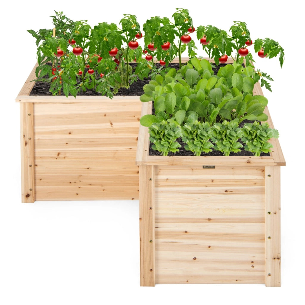 Letto rialzato in legno da giardino con base aperta, Vaso rialzato a forma di L da giardino 120x120x63cm  Naturale-Fioriere