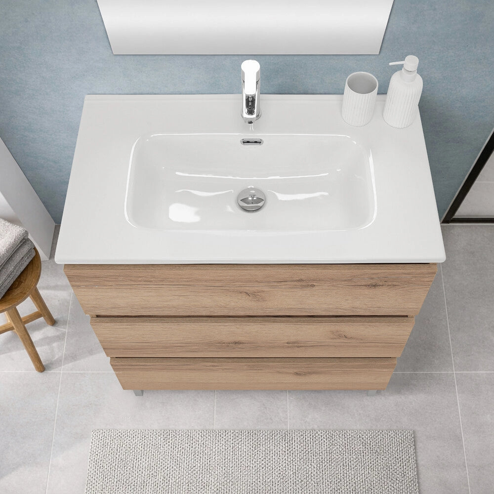 Mobile bagno a terra 100 cm in quercia naturale con lavabo e specchio Leda