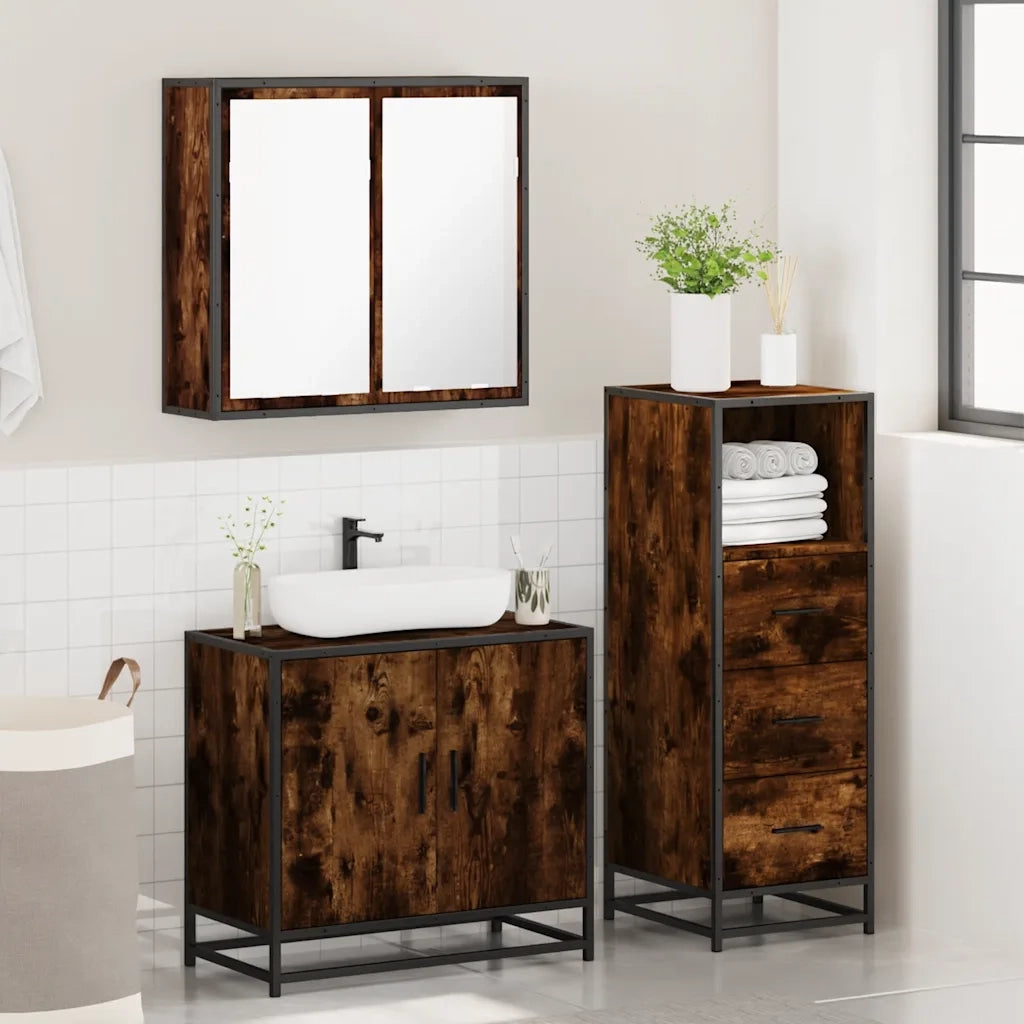 Set Mobili da Bagno 3 pz Rovere Fumo in Legno Multistrato