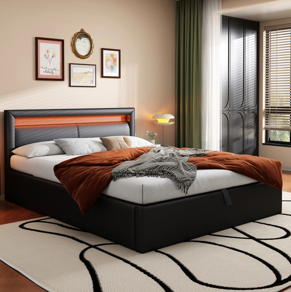 Letto imbottito con contenitore e LED 140x190 cm; testiera 80 cm; rete a doghe inclusa; PU nero