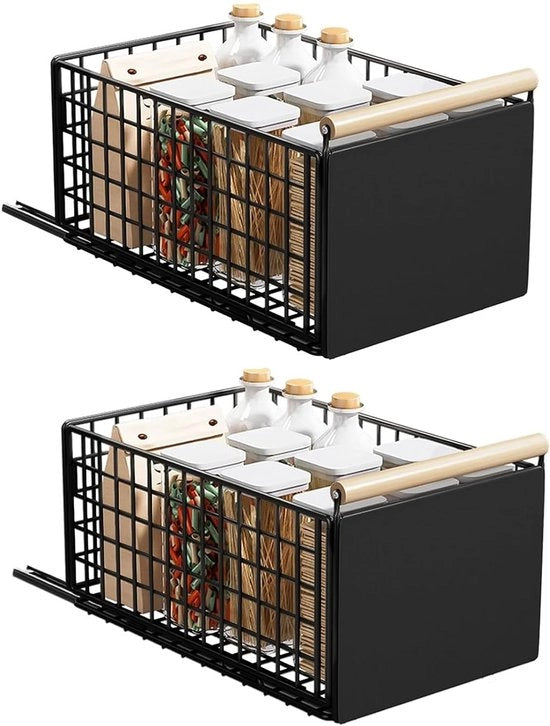 Cassetti estensibili - organizzatore cucina - 2 pezzi - nero - con maniglia in legno