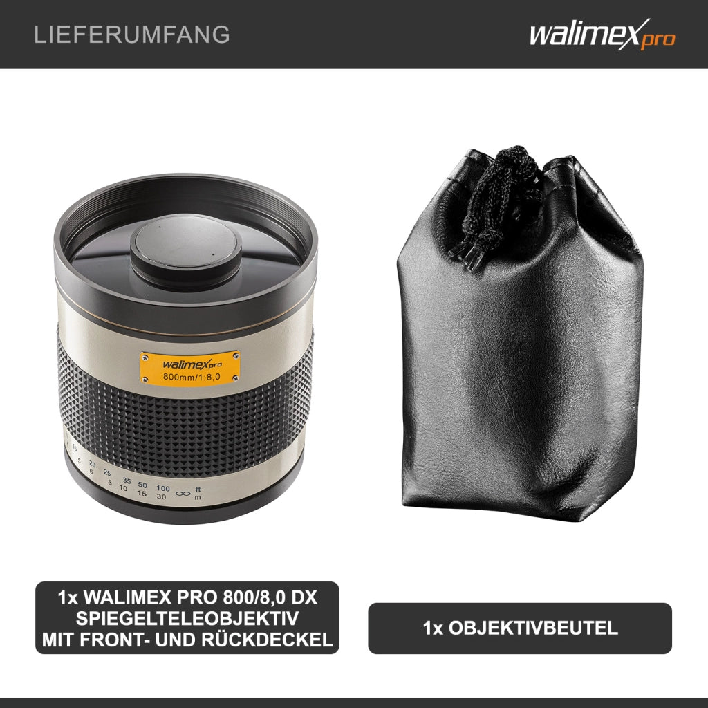 Obiettivo fotografico catadiottrico 800/8,0 DSLR a baionetta - lunghezza 131mm - per lunghezza focale 800mm - sensore full-frame/APS-C - attacco T2 - messa a fuoco ravvicinata 3,5m