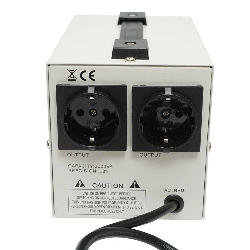Stabilizzatore di tensione automatico monofase con relè 2000VA/140-260V, 2 prese schuko 230V, display LCD Breckner Germany