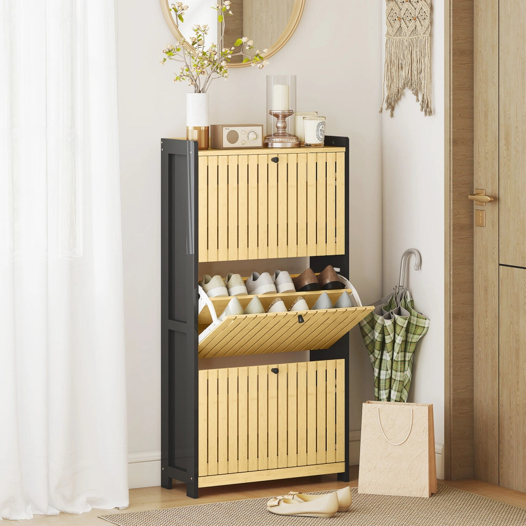 Scarpiera con cassetti e ante in bamb¨´ ¨C Zephmum ¨C Nero e legno naturale 60x24x118cm