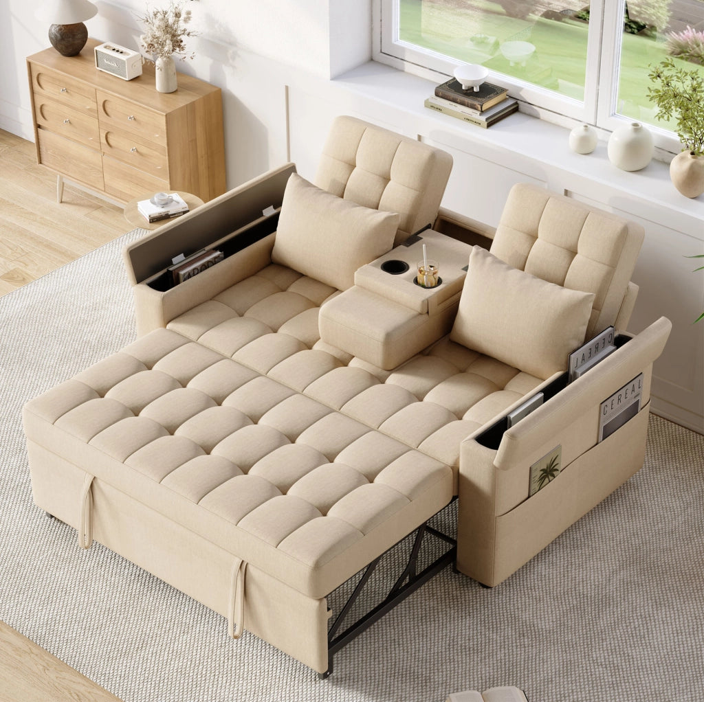 Divano letto 2 posti estraibile con schienale regolabile e vani portaoggetti; beige