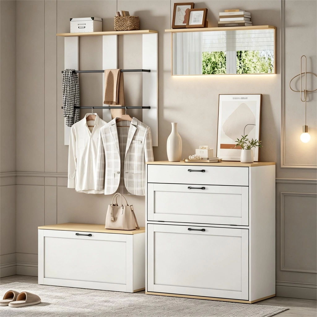 Mobili da ingresso modulari con scarpiera a ribalta, cassetto, specchio e appendiabiti per ingresso 156 × 36 × 176 cm
