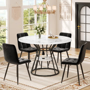 Tavolo da pranzo con 4 sedie in velluto, piano in MDF effetto marmo e base in metallo, nero, 100 × 100 × 76 cm
