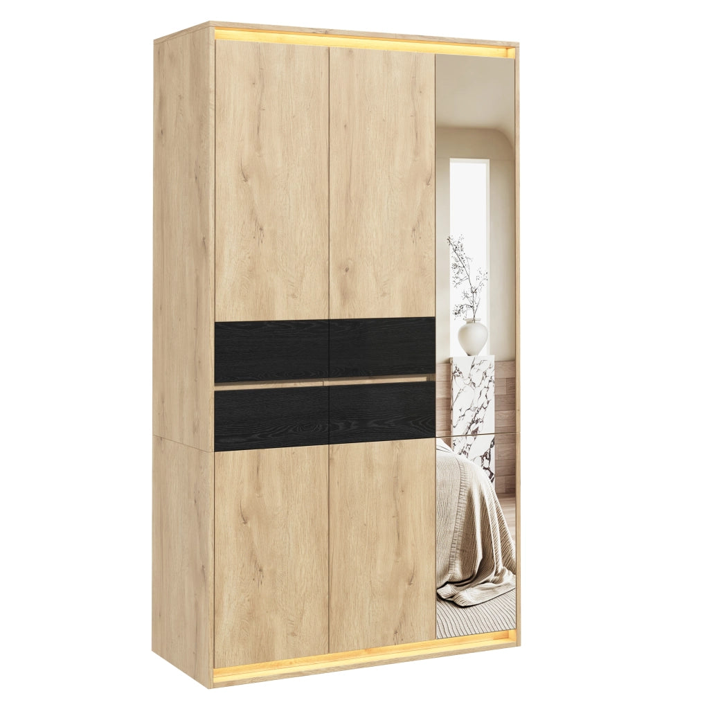 Armadio con Specchio e LED Guardaroba Moderno Rovere 110x47x200 cm con 4 Cassetti e 9 Scomparti