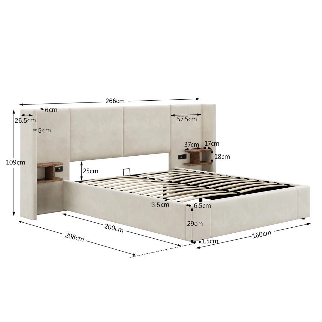 OKWISH Letto Contenitore 160×200 cm, Letto Matrimoniale con USB, Tipo C, Prese e 2 Comodini, senza Materasso, in Velluto, Beige