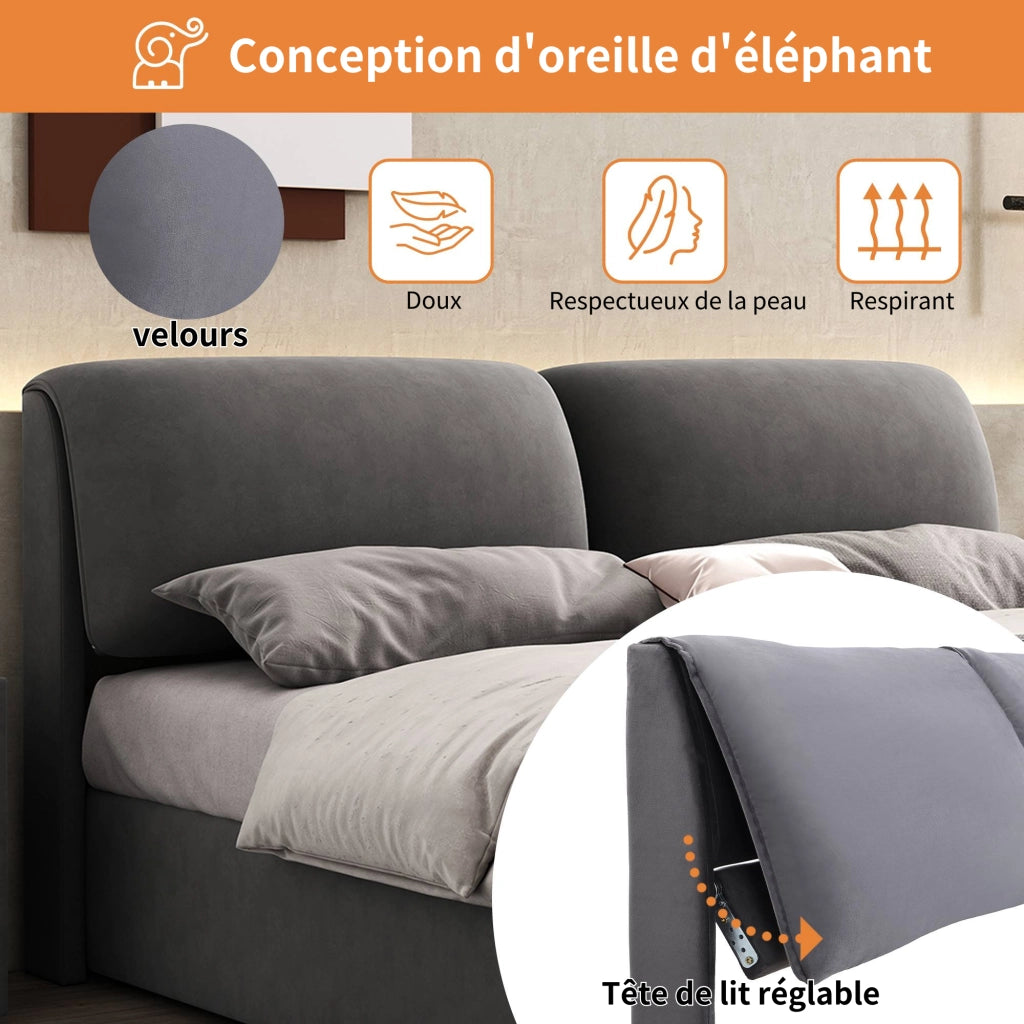 LETTO Contenitore Idraulico 140x190 cm Velluto Grigio con 3 cassetti