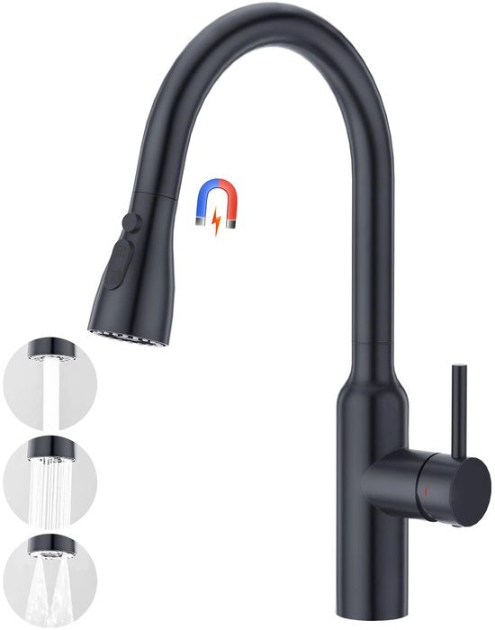 Keukenkraan conica alta con 3 getti d'acqua, doccia estensibile, rubinetto a un giro, rubinetto ad alta pressione, rubinetto di scarico, 360° girevole, realizzato in acciaio inossidabile, nero lucido.
